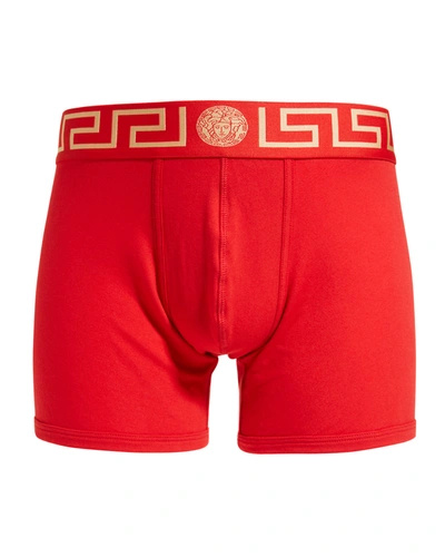 Shop Versace Greca Border Long Boxer Trunks In A9x2 Red-gold
