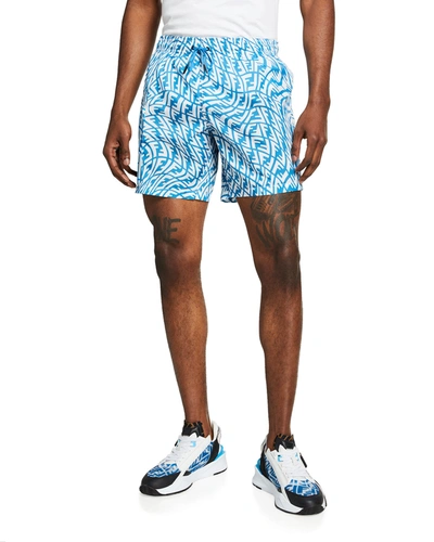 Shop Fendi Men's Vertigo Ff Silk Drawstring Shorts In Blue/white