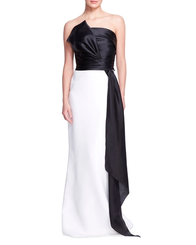 Shop Marchesa Colorblock Strapless Silk Gown W/ Bow Sash In Black White