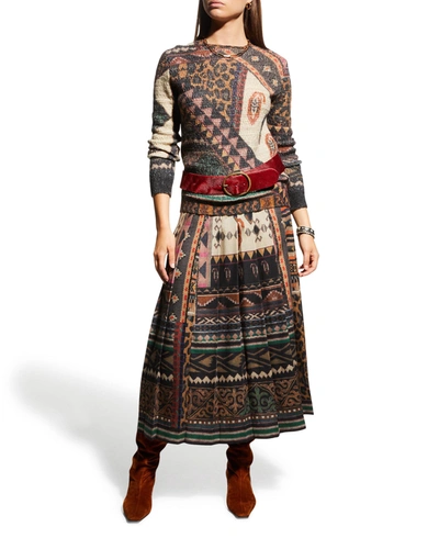 Shop Etro Geometric-print Pleated Wool Skirt In Beige