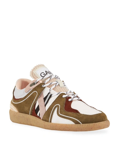 Shop Ganni Colorblock Mixed Leather Low-top Sneakers In Kalamata