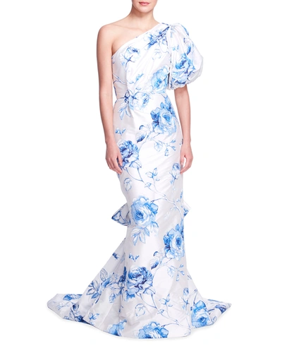 Shop Marchesa Floral-print One-shoulder Mermaid Gown In Blue Tea Rose