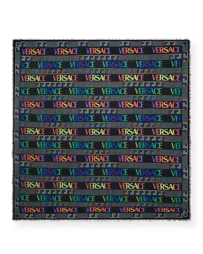 Shop Versace Neon Greca Wool Scarf In Blackmulticolor