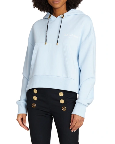 Shop Balmain Flocked Logo Cropped Hoodie In Pale Blue/white