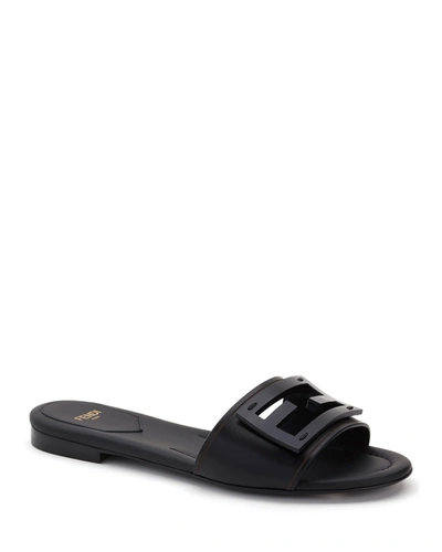 Fendi Open Toe Leather Signature Slippers In Nero