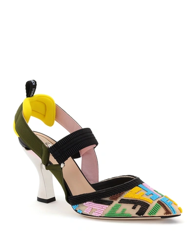 Shop Fendi 85mm Ff Embellished Slingback Pumps In Nude Multicolor