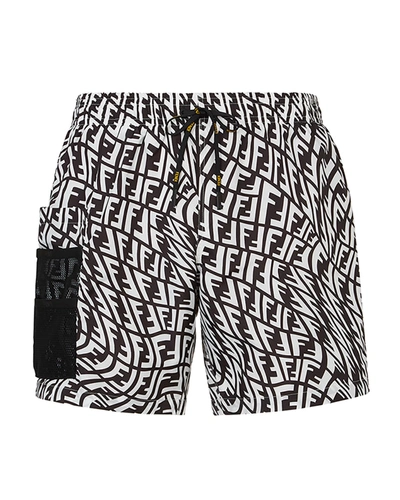 Shop Fendi Men's Ff Vertigo Swim Shorts In Tabaccomoro