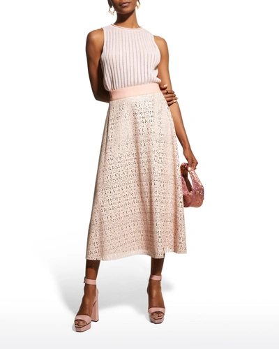 Shop Alice And Olivia Sosie Vegan-leather Flared Midi Skirt In Blush