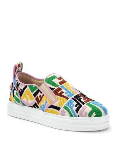 Shop Fendi Multicolored Ff Embroidered Slip-on Sneakers In Damaged
