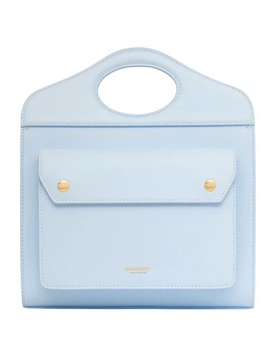 Shop Burberry Pocket Smooth Leather Top-handle Bag, Pale Blue