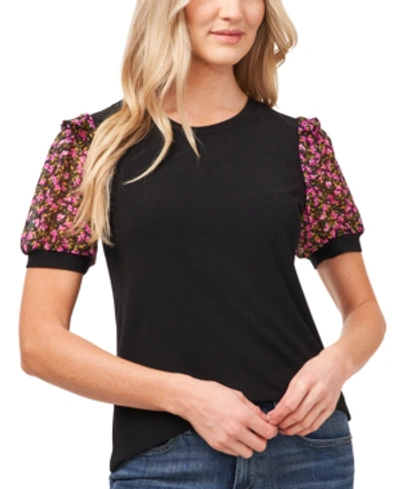Shop Cece Women's Short Sleeve Floral Puff-sleeve Knit Top In Rich Black
