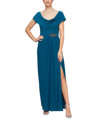 Shop Alex Evenings Embellished-waist Cowlneck Gown In Teal Blue