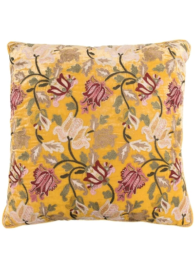 Shop Anke Drechsel Floral-embroidered Velvet Cushion In Gelb