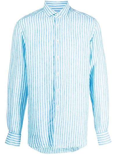 Shop Xacus Bold-striped Linen Shirt In Blau
