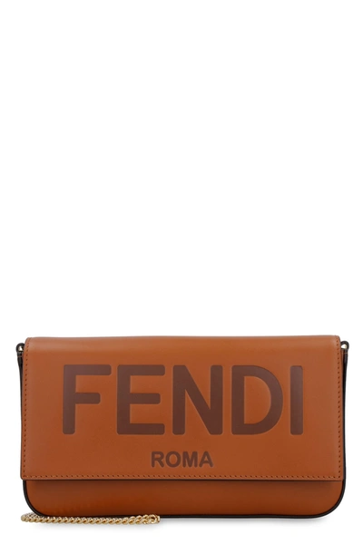 Shop Fendi Leather Wallet On Chain In Saddle Brown