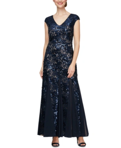 Shop Alex Evenings Sequin Lace Godet Gown In Navy Blue