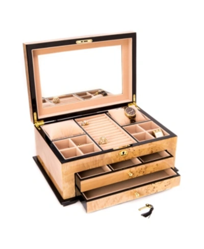 Bey-berk Birdseye Maple 3 Level Jewelry Box With Gold Tone Accents And Locking Lid In Multi