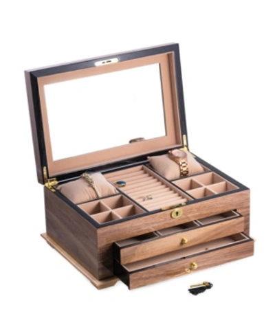 Bey-berk Walnut 3 Level Jewelry Box With Gold Tone Accents And Locking Lid In Multi