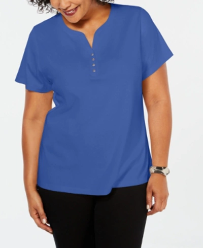 Shop Karen Scott Plus Size Cotton Henley Top, Created For Macy's In Persian Blue
