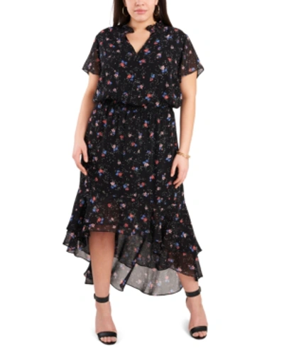 Shop 1.state Trendy Plus Size Printed High-low Dress In Tranquil Ditsy Garden