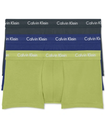 Shop Calvin Klein Men's 3-pack Cotton Stretch Low-rise Trunks In Hemisphere Blue, Direct Green, Blue Flannel