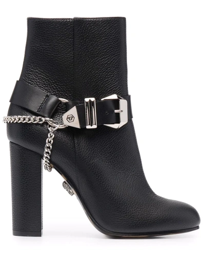 Shop Philipp Plein Iconic Plein Buckled Leather Boots In 黑色