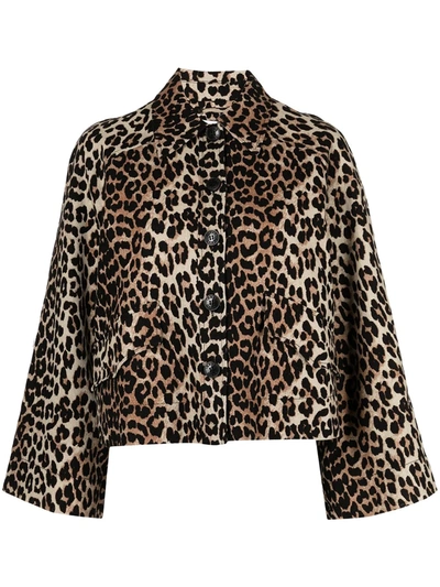 Shop Ganni Leopard Print Linen-blend Jacket In 褐色