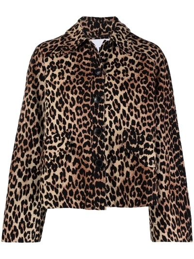 Shop Ganni Leopard Print Linen-blend Jacket In 中性色