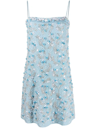 Shop Blumarine Floral-embroidered Mini Dress In Blau