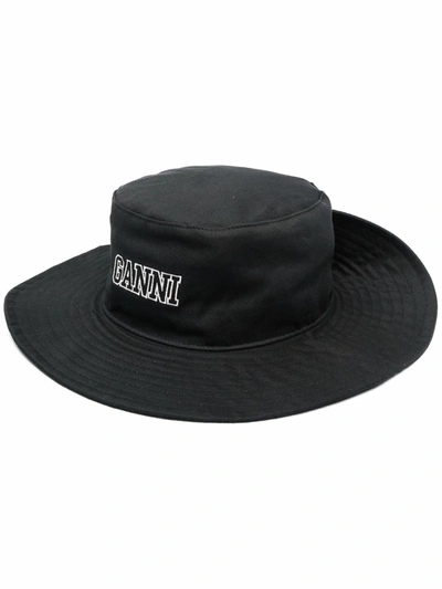 Ganni Womens Phantom Logo-embroidered Organic-cotton Bucket Hat In Schwarz