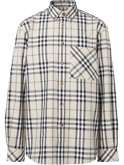 Shop Burberry Button-down Signature Check Shirt In Nude