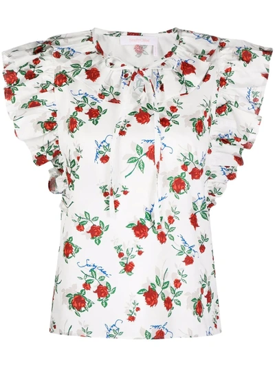 See By Chloé Ruffled Floral-print Cotton-poplin Blouse In Weiss