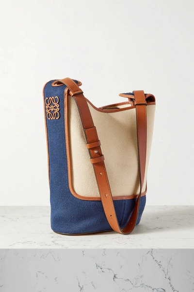 Shop Loewe + Paula's Ibiza Balloon Hobo Leather-trimmed Cotton-canvas Shoulder Bag In Navy