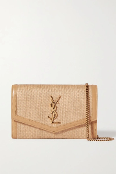 Shop Saint Laurent Uptown Leather-trimmed Raffia Shoulder Bag In Blush