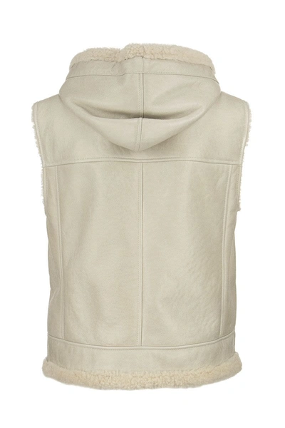 Shop Brunello Cucinelli Sheepskin Fur Waistcoat With Hood In Cream