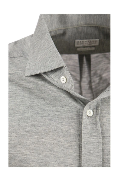 Shop Brunello Cucinelli Slim Fit Shirt In Light Silk And Cotton Jersey With French Collar In Light Grey