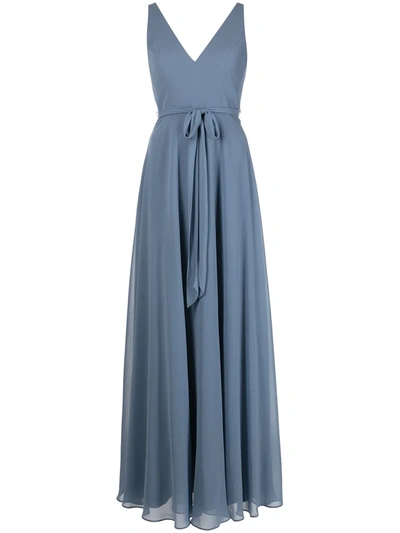 Shop Marchesa Notte Bridesmaids V-neck Sash Belt Sleeveless Gown In Blau