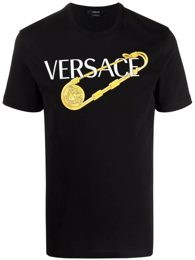 Shop Versace Safety Pin Logo-print T-shirt In Schwarz