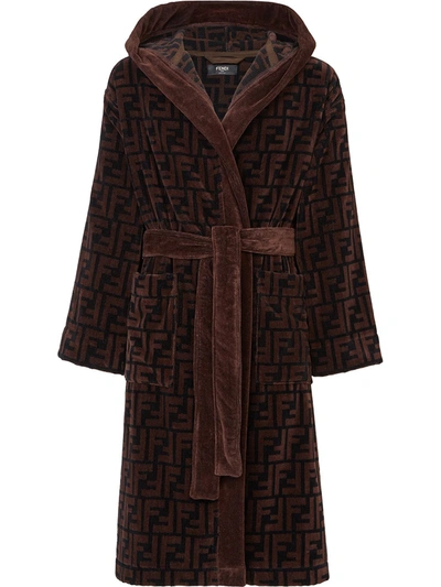 Shop Fendi Ff Logo Cotton Robe In Brown