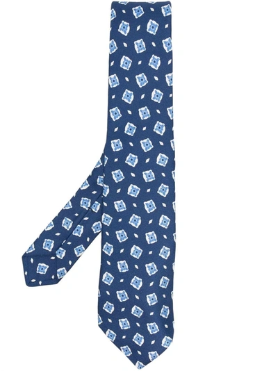 Shop Kiton Dark Blue Classic Tie With Contrast Floral Pattern In Denim/blue
