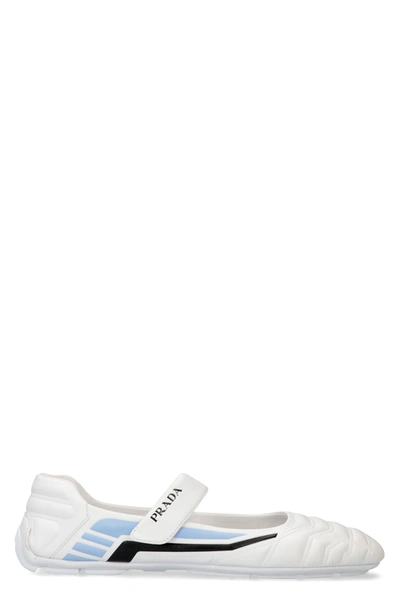 Shop Prada Leather Ballet Flats With Logo In White