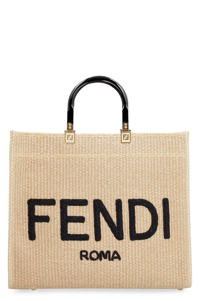 Shop Fendi Sunshine Medium Raffia Tote Bag In Beige