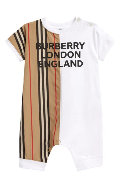 Shop Burberry Lennox Icon Stripe Panel Cotton Romper In White