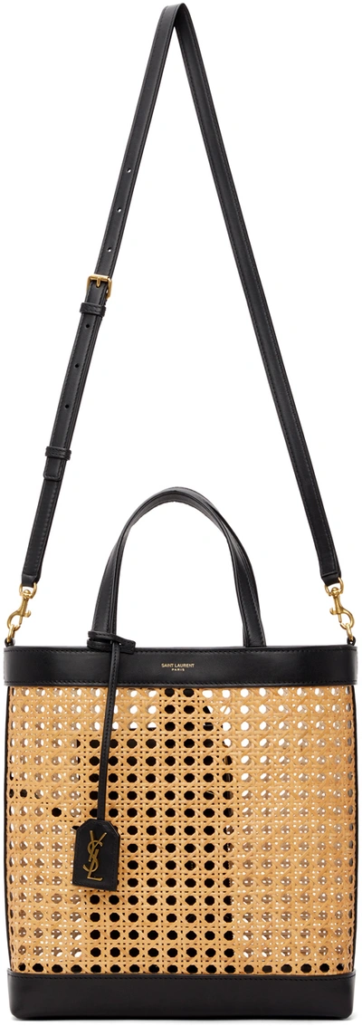 Toy Bicolor Woven Ysl Shopper Tote Bag In 9983 Straw black