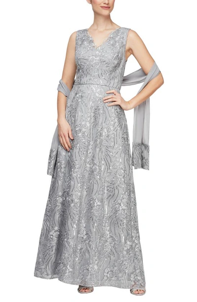 Shop Alex Evenings Embroidered Sleeveless Gown With Shawl In Silver