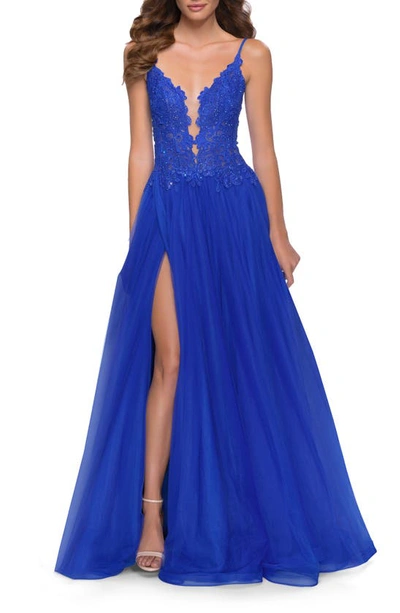 Shop La Femme Floral Embroidered Illusion Plunge Tulle Ballgown In Royal Blue