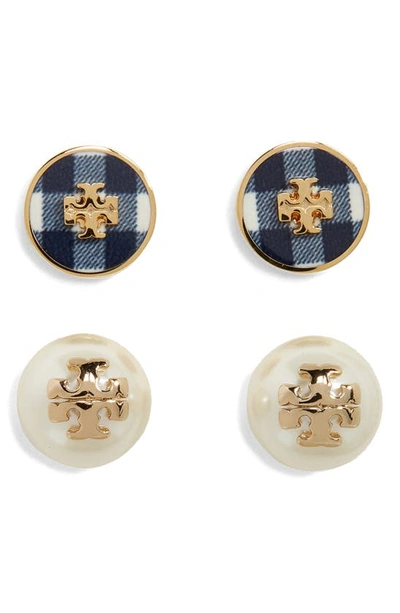 Shop Tory Burch Kira Set Of 2 Stud Earrings In Tory Gold/black Gingha/pearl
