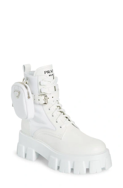 Shop Prada Monolith Mini Bag Lug Sole Combat Boot In Bianco
