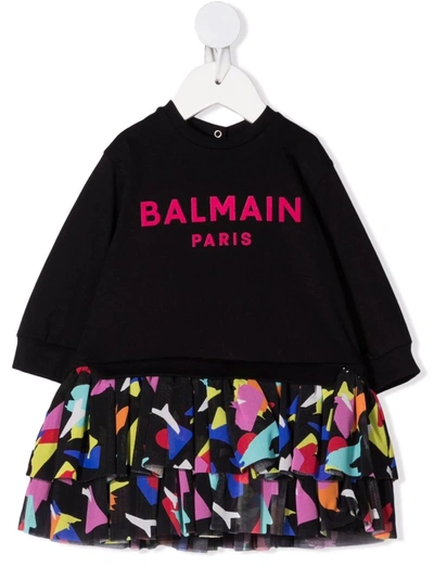 Shop Balmain Logo Print Sweatshirt Dress In Black