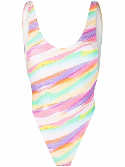 Shop Reina Olga Funky Rainbow-print Open-back Swimsuit In Multicolor